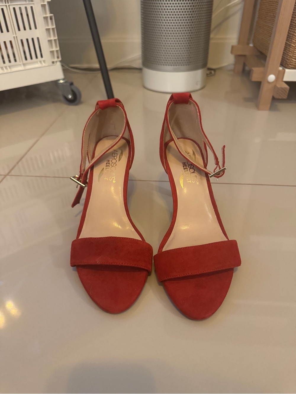 AEROSOLES Red Suede Open-Toe Ankle-Strap Heels
